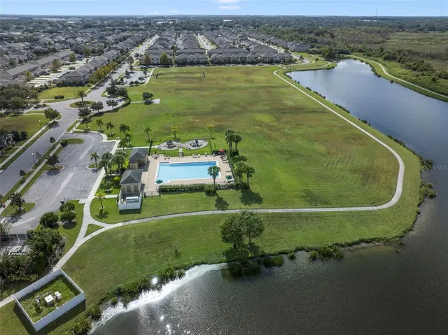 an aerial view of a pool