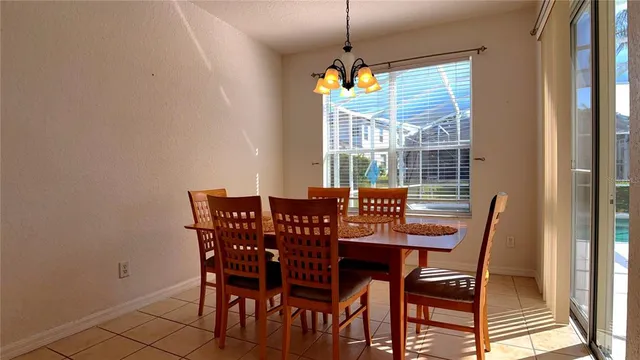 a view of a dining room with furniture and window