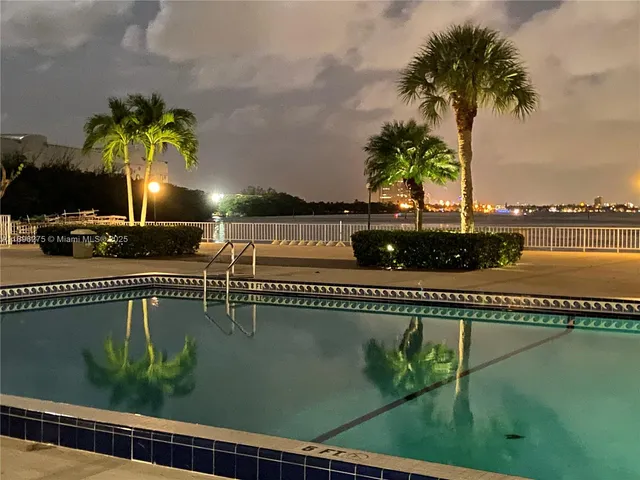 a large body of water with palm trees