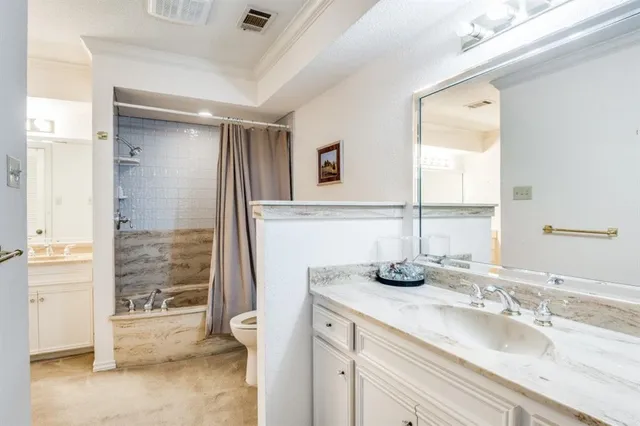 a bathroom with a granite countertop sink a toilet and shower