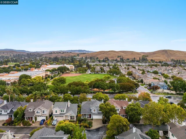 an aerial view of residential houses with outdoor space and trees