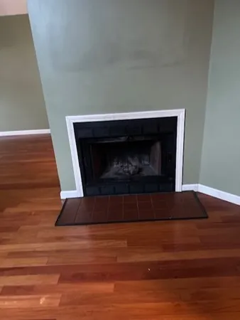 a fireplace with wooden floor