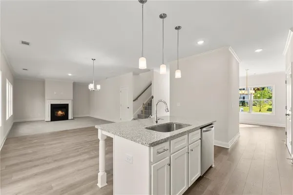 a kitchen with stainless steel appliances granite countertop a sink a oven and a wooden floors