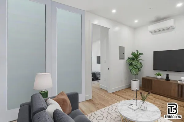a living room with furniture and a potted plant