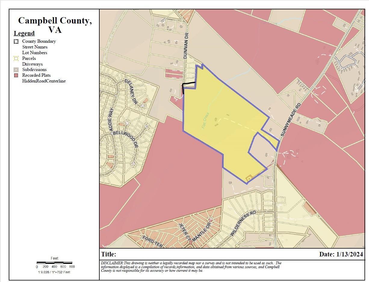 1190 Sunnymeade Road Rustburg, VA 24588 - Photo 13 of 14 Sunnymeade Dr county map showing the added Dunivan Dr lot edged in black