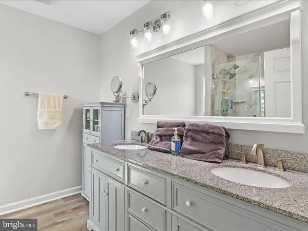 a bathroom with double vanity sinks and a mirror