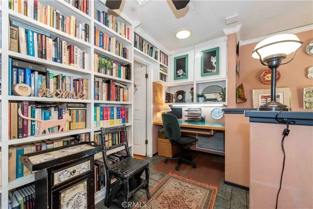 a view of a workspace with furniture and a book shelf