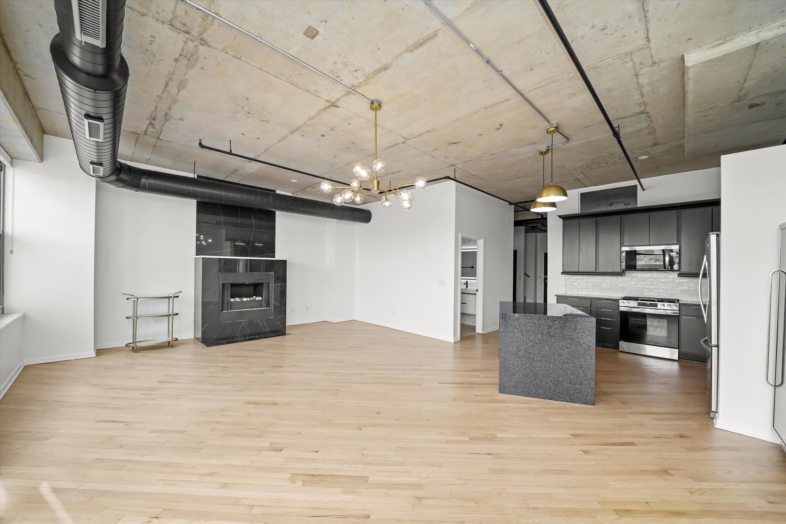 6 South Laflin Street, Unit 910 Chicago, IL 60607 - Photo 9 of 23 a large kitchen with stainless steel appliances kitchen island granite countertop a sink and cabinets