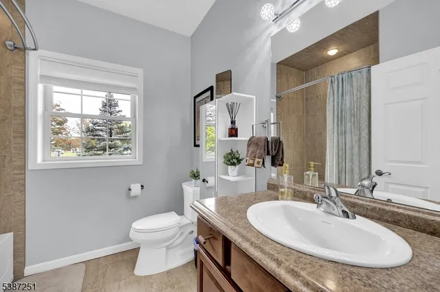 a bathroom with a granite countertop toilet a sink and a mirror