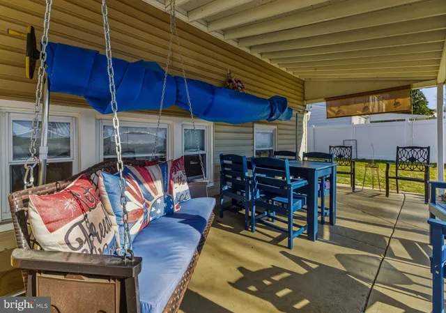 an outdoor space with seating