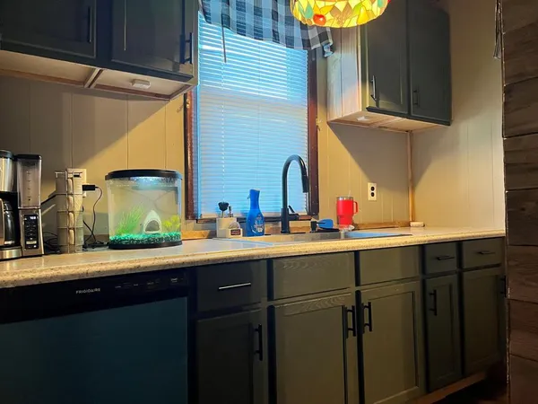 a kitchen with a sink and cabinets