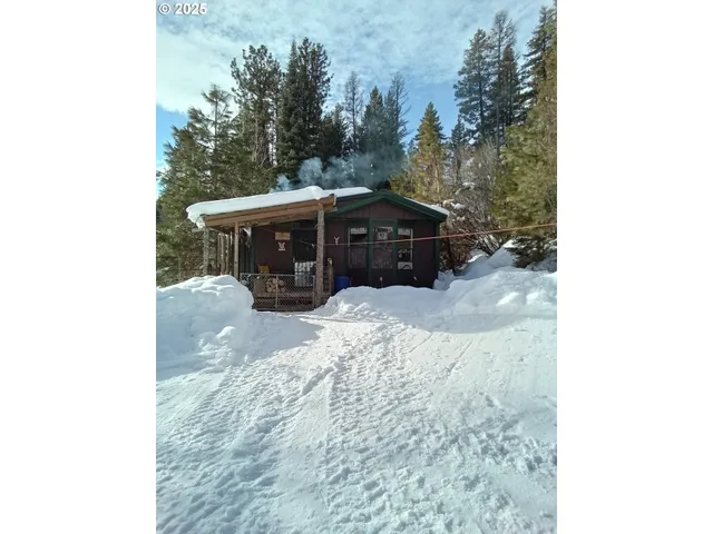 a view of a house with a yard covered in snow