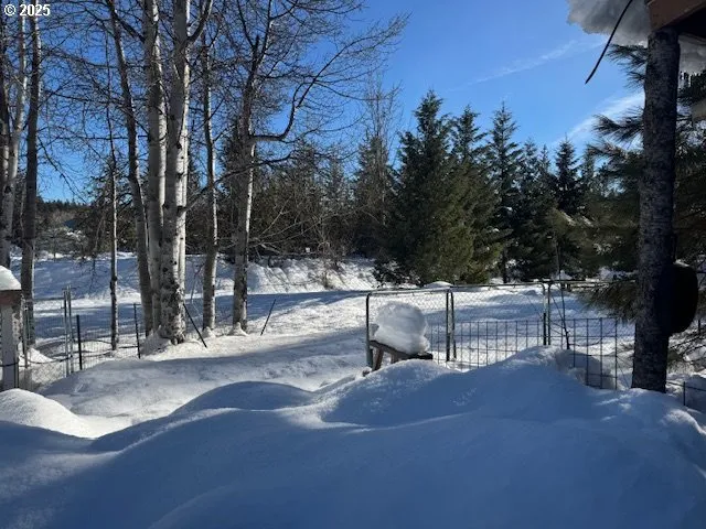 a view of a park with iron fence