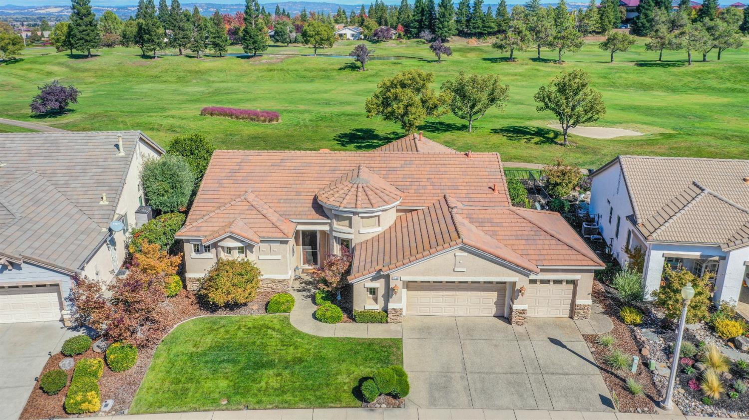a aerial view of a house with a yard and potted plants
