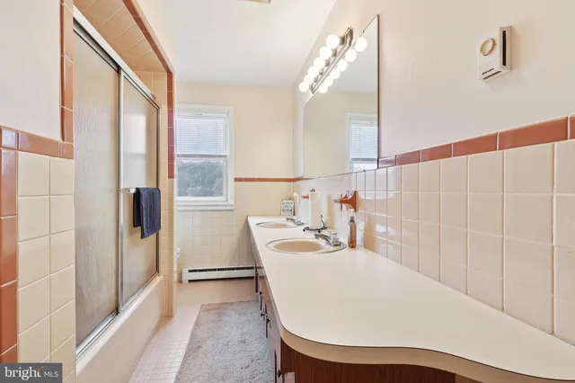 a bathroom with a double vanity sink a mirror and a shower