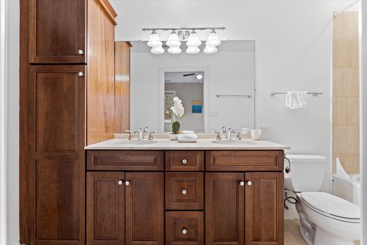 2642 North Racine Avenue, Unit 2N Chicago, IL 60614 - Photo 18 of 22 a bathroom with a granite countertop sink a toilet and a mirror