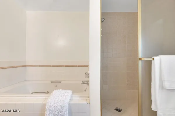 a bathroom with a bathtub and shower