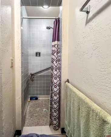 a bathroom with a shower and a sink