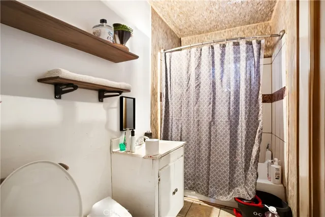 a bathroom with a sink a toilet and shower curtain