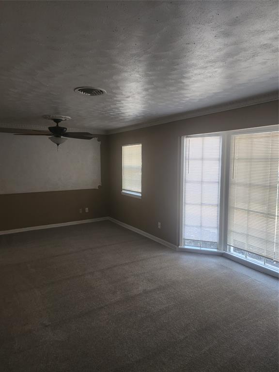3454 Guadalupe Road Fort Worth, TX 76116 - Photo 3 of 21 Spare room featuring dark carpet, a textured ceiling, and ornamental molding