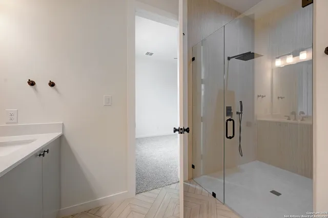 a bathroom with a shower and a sink