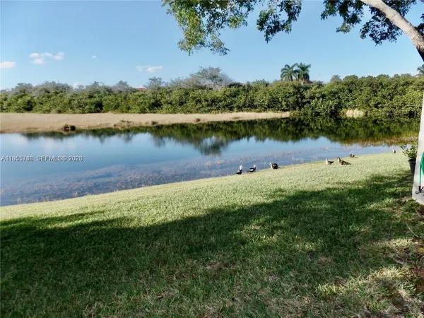 a view of a lake with houses in the back