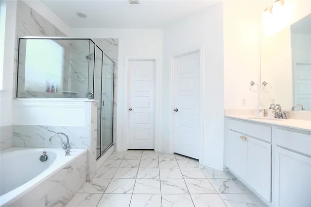 a bathroom with a tub a sink and a mirror