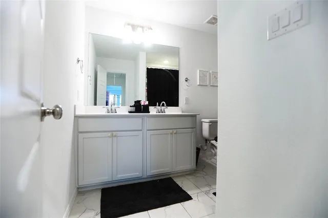 a bathroom with a sink a toilet a mirror a vanity and shower