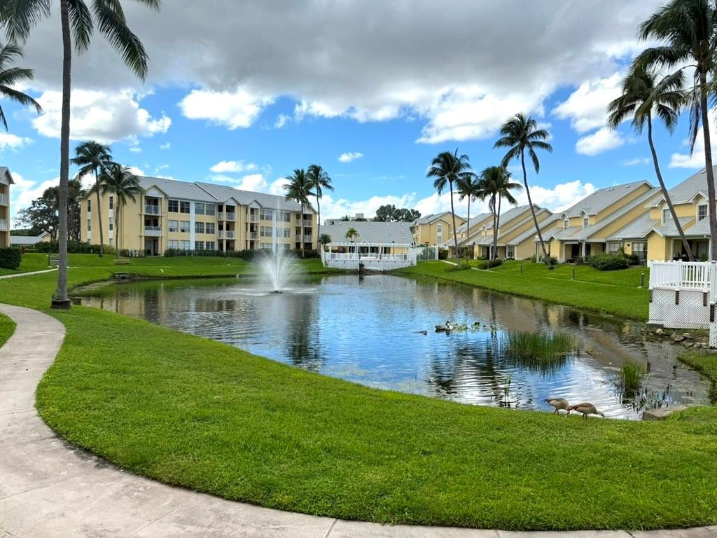 a view of a lake with a big yard and large trees