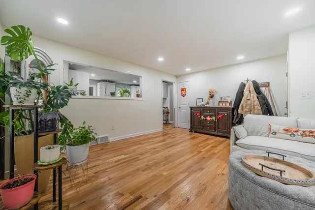 a living room with furniture and a potted plant
