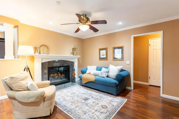 a living room with furniture and a fireplace