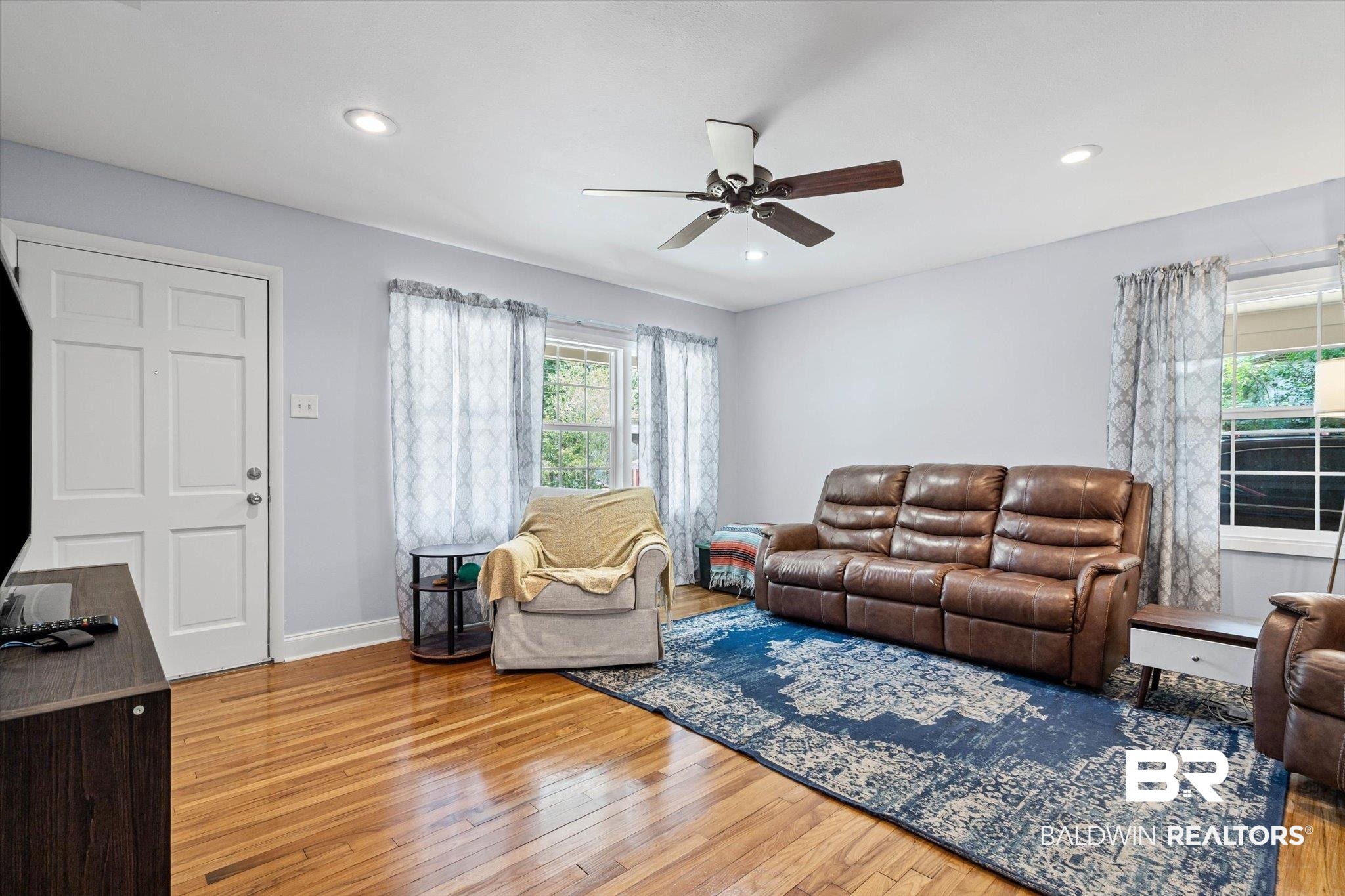 5609 Diane Court Mobile, AL 36618 - Photo 3 of 22 Living room with hardwood / wood-style floors, ceiling fan, and recessed lighting
