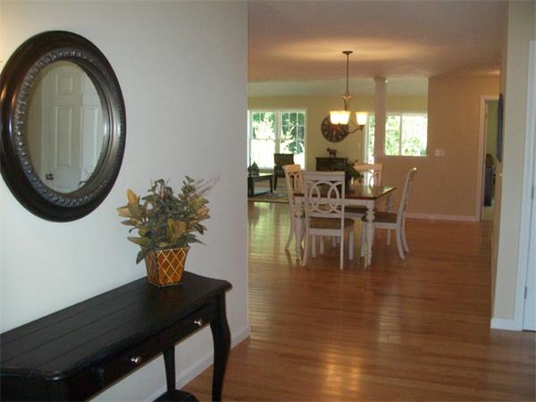 a dining room with furniture potted plants and wooden floor