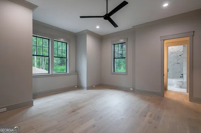 a view of a park with large trees