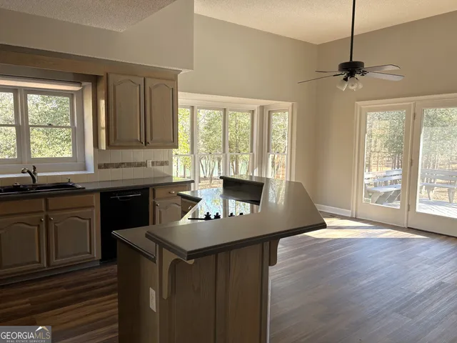 a kitchen with a sink window and cabinets