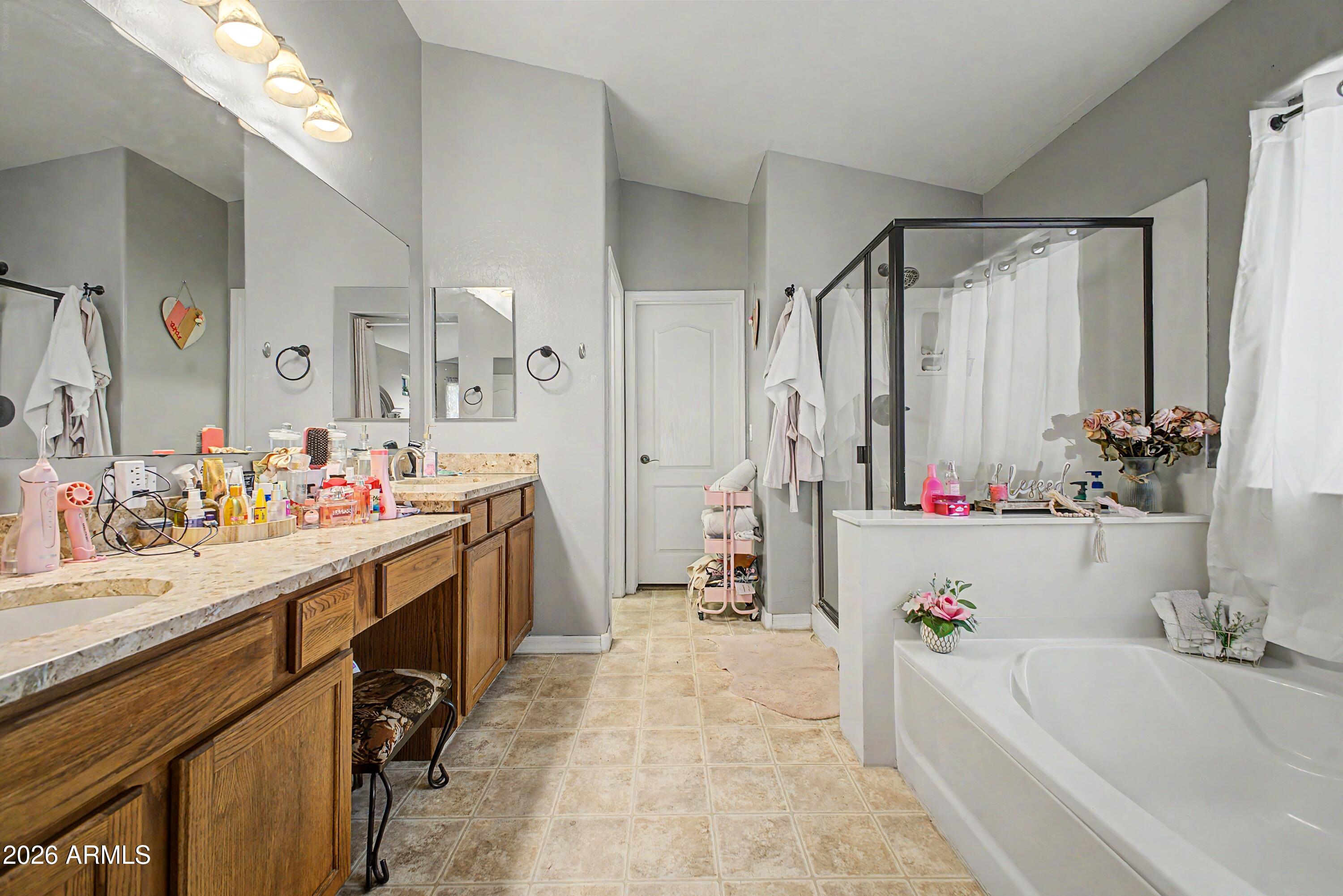 25652 West Rio Vista Lane Buckeye, AZ 85326 - Photo 19 of 32 a bathroom with a tub a sink double vanity and mirror