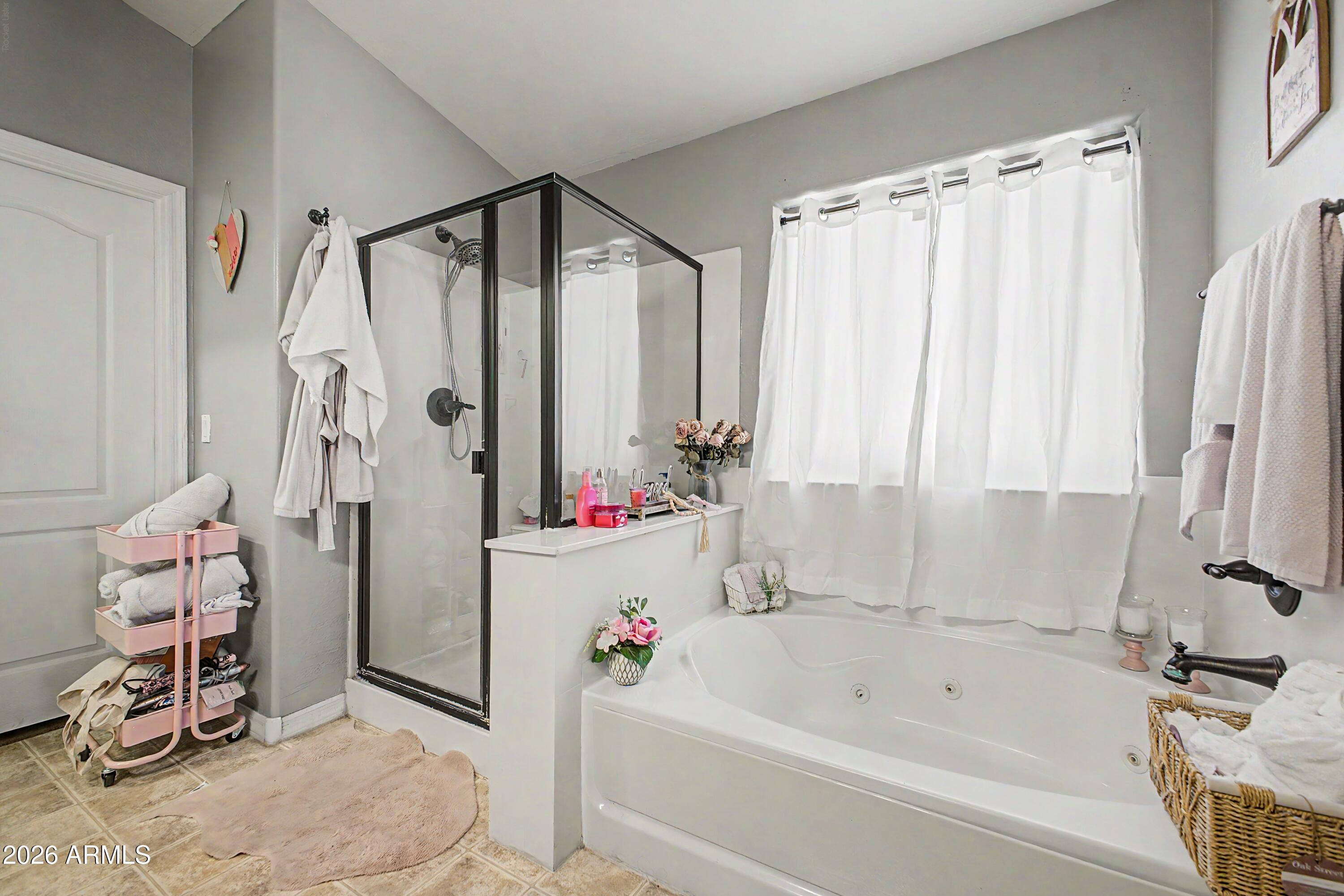 25652 West Rio Vista Lane Buckeye, AZ 85326 - Photo 20 of 32 a bathroom with a bathtub a shower and a window