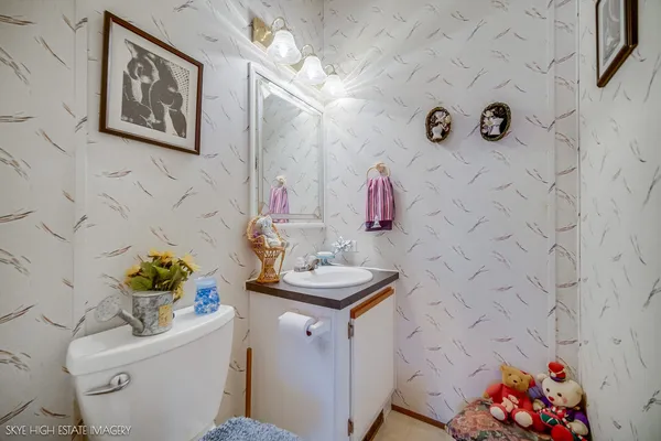 a bathroom with a sink mirror vanity and toilet