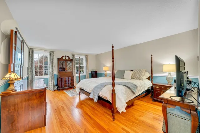 a spacious bedroom with a bed and large windows