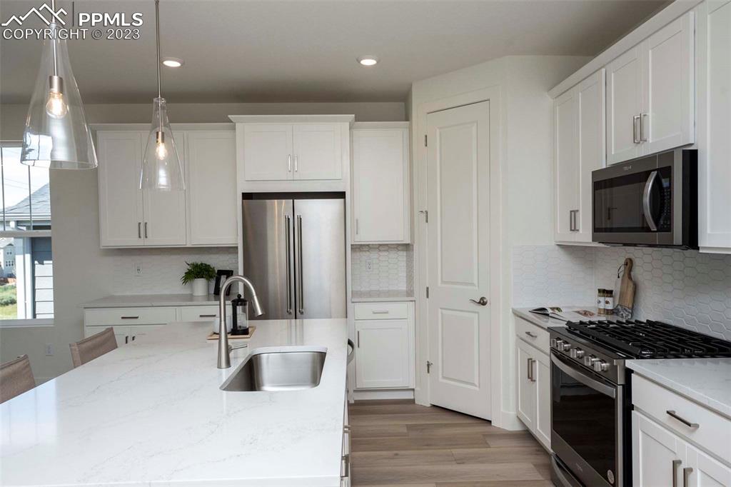 2036 Peachleaf Loop Castle Rock, CO 80108 - Photo 10 of 35 a kitchen with stainless steel appliances granite countertop a sink stove and refrigerator