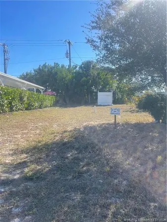 a view of a field with trees in the background