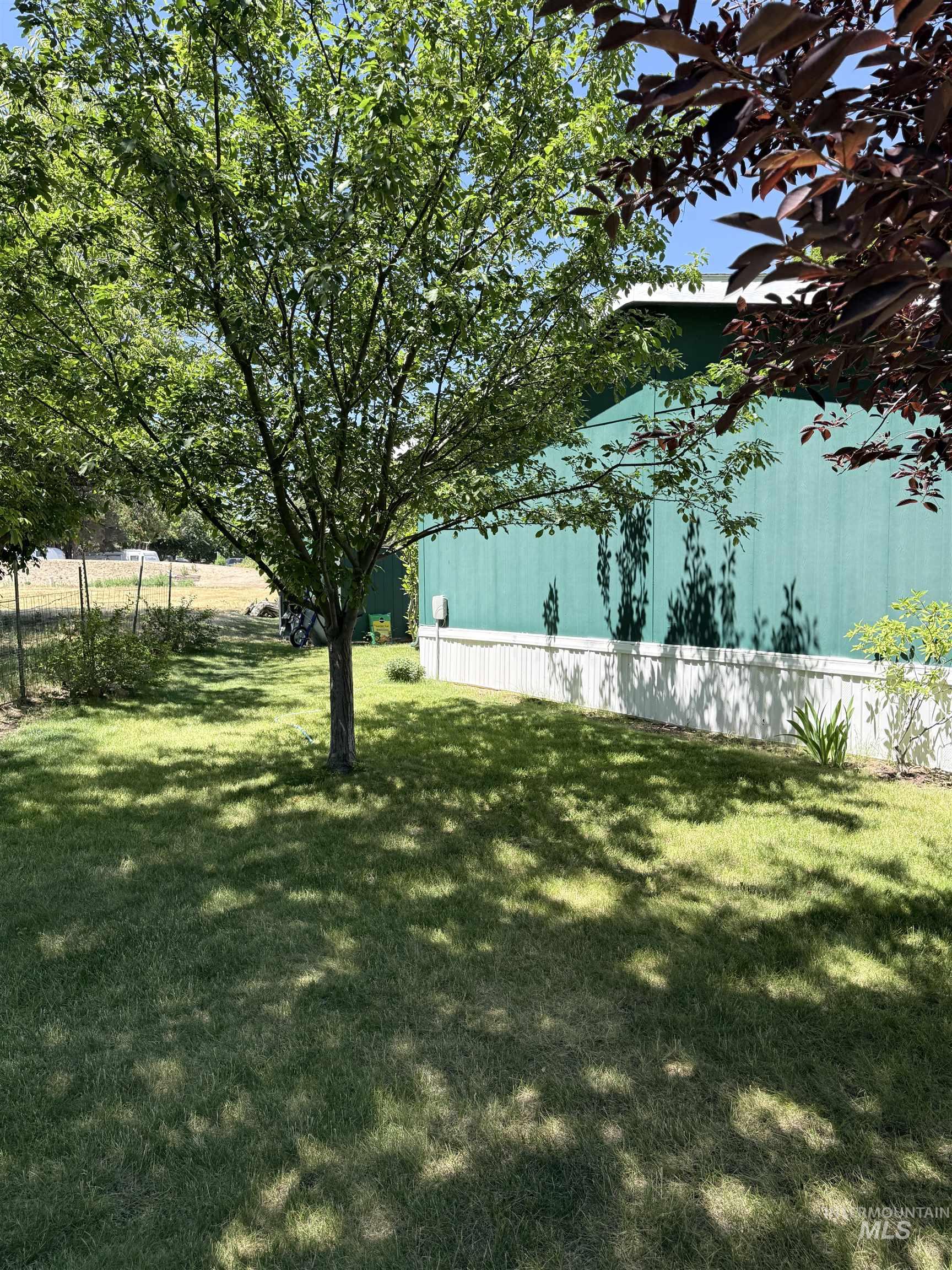 2750 Alden Road, Unit 12 12 Fruitland, ID 83619 - Photo 32 of 38 Expansive backyard featuring a lush green lawn, mature trees, and a white picket fence