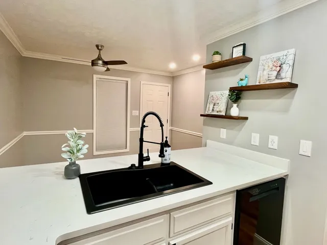 a kitchen with a sink a counter and cabinets