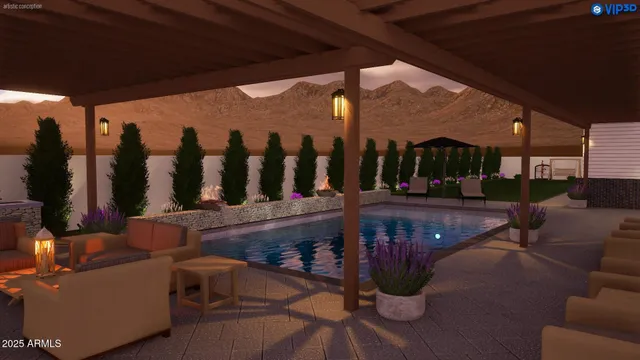 a view of swimming pool from a backyard