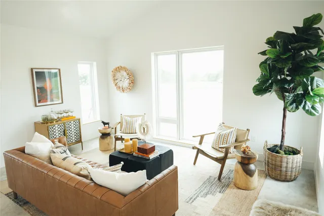 a living room with furniture and potted plant
