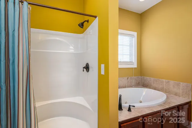 a bathroom with a bathtub and a shower