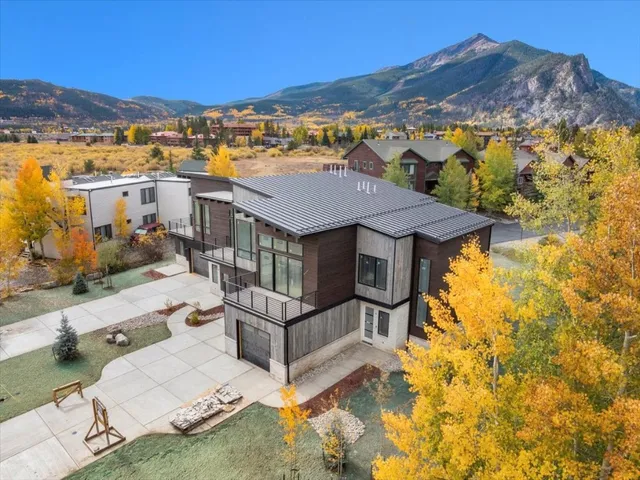 an aerial view of residential houses with outdoor space and trees