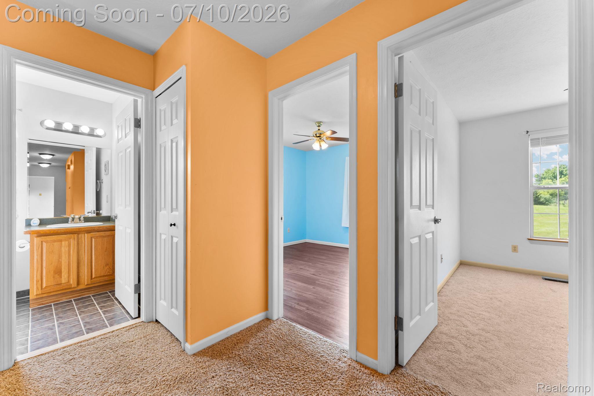 3144 North Nicholson Road Fowlerville, MI 48836 - Photo 43 of 70 Hallway featuring orange wall paint and carpeted flooring