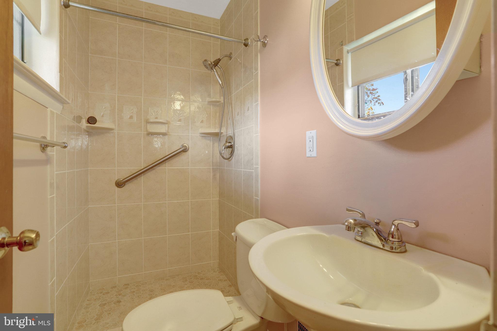 6928 Ruskin Street Springfield, VA 22150 - Photo 14 of 34 a bathroom with a sink a mirror a toilet and a shower