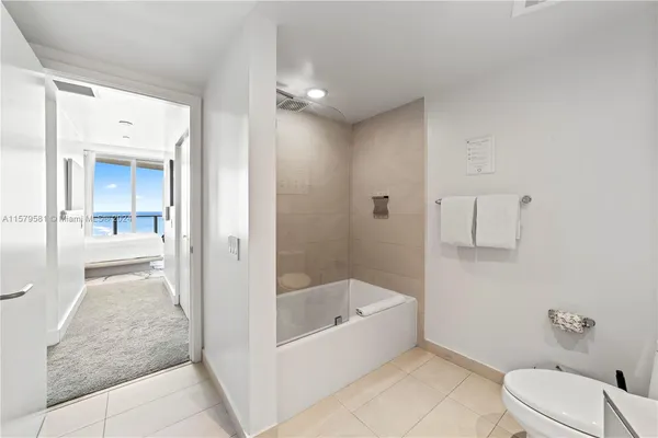a bathroom with a bathtub and a toilet